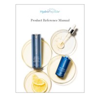 The front cover of the Hydropeptide Product Reference Manual with a layout of LumaProC and FirmaBright Serums sitting on top of peitre dishes filled with a soft yellow, transparent gel.
